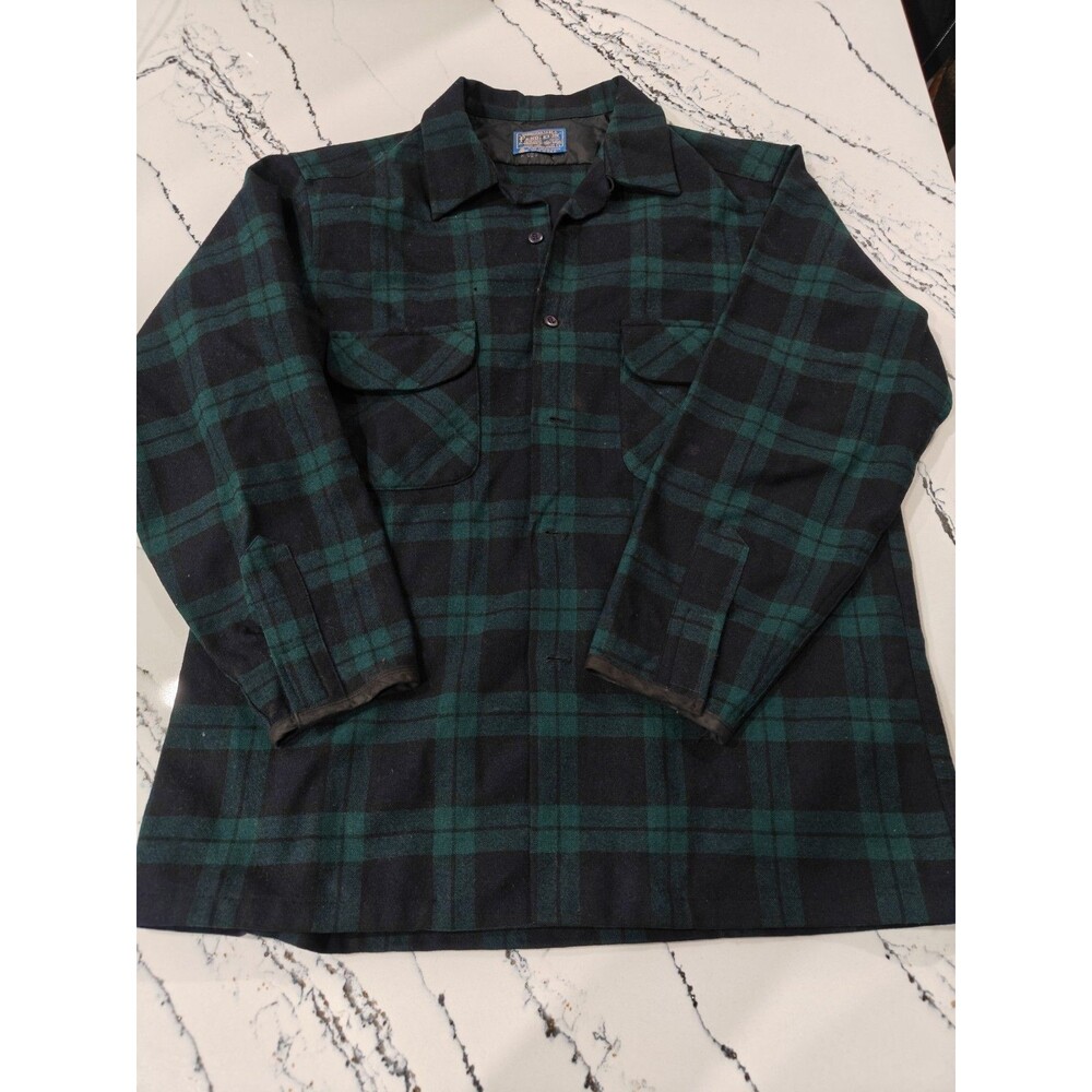 VTG Pendleton Board Shirt Loop Collar Plaid Green Virgin Wool Made In USA Sz L
